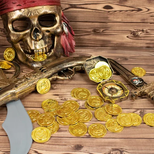 Miniatura 2 de GiftExpress Monedas de oro de plástico, 144 monedas del tesoro del día de San Patricio y pirata, 4 estilos, fichas de oro falsas de 1.38 pulgadas