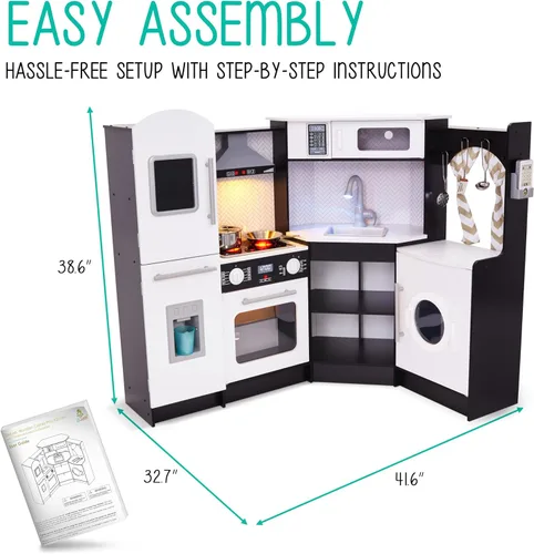 Miniatura 3 de Lil' Jumbl Juego de cocina de esquina para niños, cocina de lujo de madera de simulación, máquina de hielo a pilas, estufa y grifo con sonido Negro