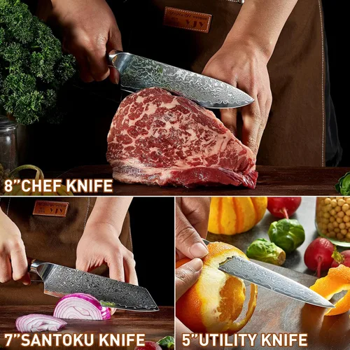Miniatura 6 de Damasco - Juego de 3 cuchillos de cocina ultra afilados con núcleo de acero japonés VG-10, juego de cuchillos japoneses profesionales de acero