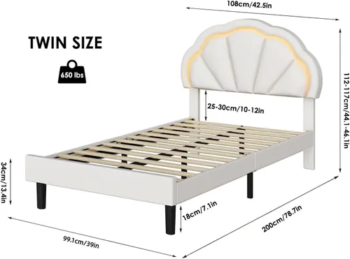 Miniatura 2 de HIFIT Marco de cama LED inteligente tapizado individual con cabecera ajustable de pétalos elegantes, marcos de cama de plataforma tamaño individual