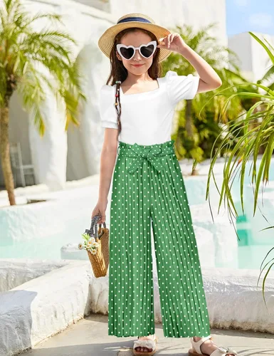 Miniatura 55 de DONWEN Conjunto de 3 piezas de ropa para niñas pequeñas y niñas con cuello cuadrado + pantalones elegantes + diadema para primavera y verano