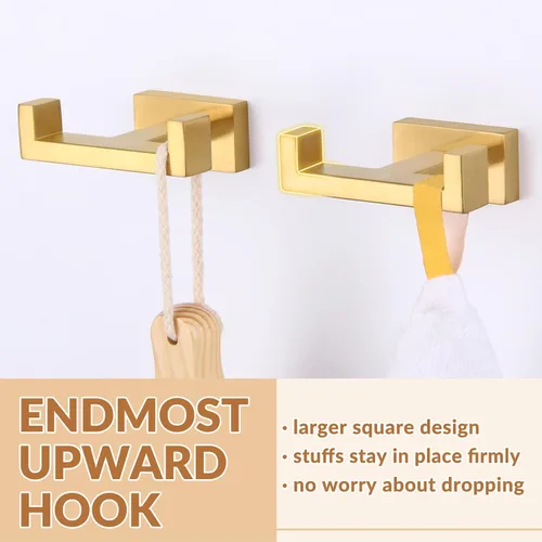 Miniatura 4 de APLusee Paquete de 2 ganchos dobles para toallas de baño, soporte cuadrado de doble capa de acero inoxidable sólido, moderno para baño y cocina, Oro