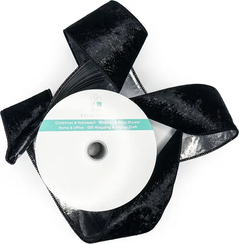 Miniatura 2 de Cinta de terciopelo negro con alambre y respaldo metálico plateado de 2.5 pulgadas x 10 yardas para adorno de la punta del árbol de Navidad