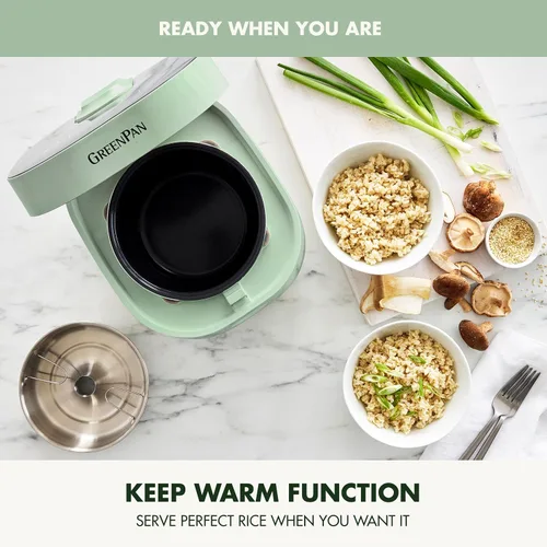 Miniatura 8 de Arrocera GreenPan, 8 tazas cocidas (4 sin cocer), modo bajo en carbohidratos y sopa, 10 ajustes de cocción de un toque, cesta de vapor de cerámica