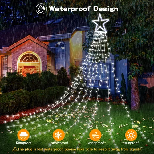 Miniatura 7 de BlcTec Luces de Navidad para exteriores, 317 luces LED de estrella de Navidad con 9 hebras de luces de árbol de cascada de 11.9 pies, 8 modos
