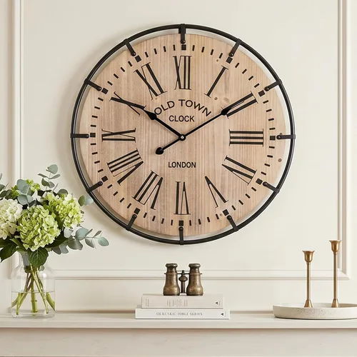 Miniatura 18 de EMAX HOME Reloj de pared grande de granja de 20 pulgadas, cara de grano de madera envejecida negra rústica con números romanos blancos, movimiento