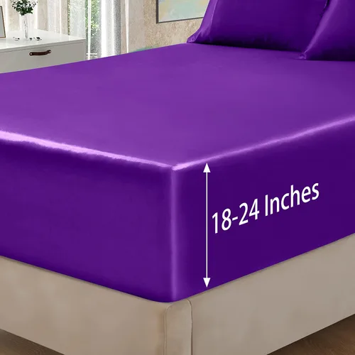 Miniatura 47 de Homiest Juego de sábanas de satén de lujo de 3 piezas con bolsillo profundo, 1 sábana bajera + 1 sábana encimera + 1 funda de almohada