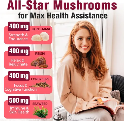 Miniatura 3 de Complejo de hongos sublingual, suplemento de hongos 18 en 1, melena de león, reishi, cola de pavo y más, suplementos cerebrales para memoria y Rosa