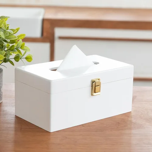 Miniatura 10 de Funda rectangular negra para caja de pañuelos con interruptor de metal, soporte rectangular para caja de pañuelos con tapa, accesorios de baño