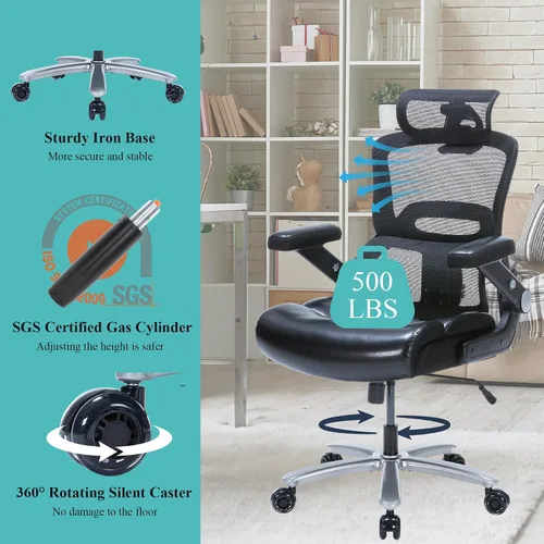 Miniatura 8 de Silla de oficina grande y alta, silla de escritorio ergonómica de 500 libras para personas pesadas, silla giratoria de piel sintética con brazos