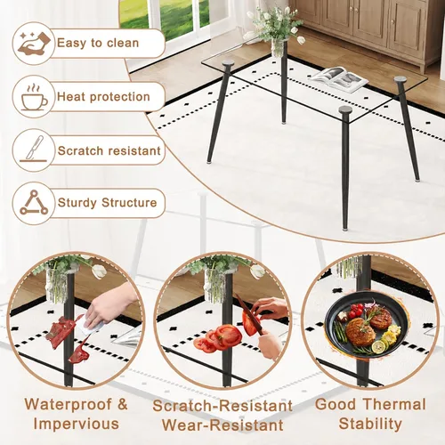 Miniatura 5 de Juego de mesa de comedor de vidrio Ebullient para 4, mesa de 51" de vidrio templado transparente con patas de metal negro y 4 sillas de acrílico