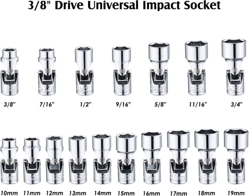 Miniatura 2 de MIXPOWER Juego de 17 piezas de 3/8" de accionamiento universal de junta universal, de 6 puntas, SAE y métrico, de 10-19 mm, de 3/8"-3/4", enchufe