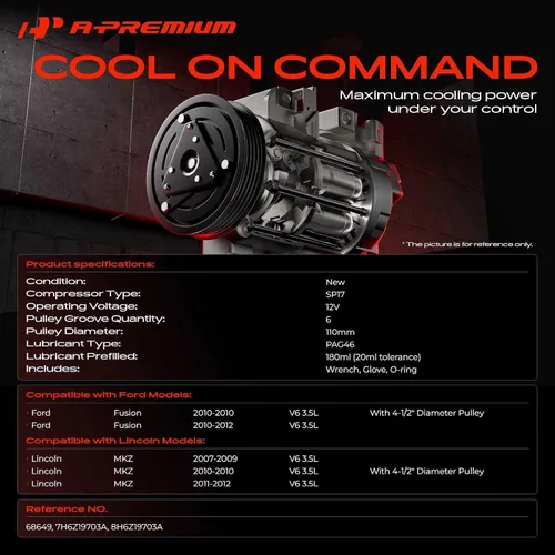 Miniatura 2 de A-Premium Compresor de aire acondicionado con embrague compatible con Ford Fusion 3.5L 2010-2012, Lincoln MKZ 3.5L 2007-2012, estilo SP17, 6