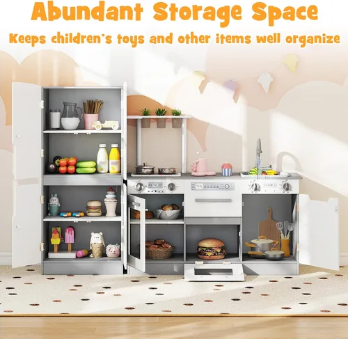 Miniatura 5 de Costzon Juego de cocina para niños, juego modular de madera de 2 piezas con agua corriente, sonido y luz, nevera, lavavajillas, microondas, horno
