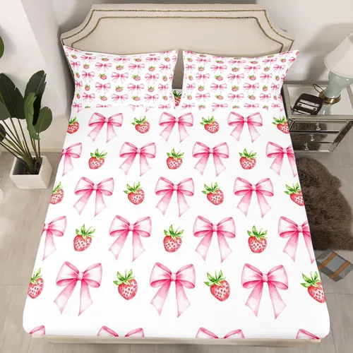 Miniatura 46 de Sábana bajera con lazo azul tamaño individual, juego de ropa de cama de princesa con cerezas, estrellas y flores margaritas de dibujos animados