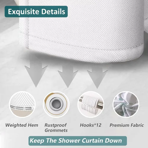 Miniatura 4 de Cortina de ducha de eucalipto verde salvia para baño con 12 ganchos, cortinas de ducha mejoradas impermeables con patrón de plantas de hojas