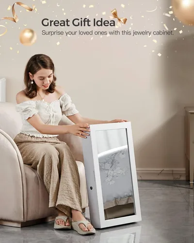 Miniatura 6 de SONGMICS Armario de joyería con cerradura con espejo, organizador de almacenamiento de joyas para ahorrar espacio, blanco UJJC51WT
