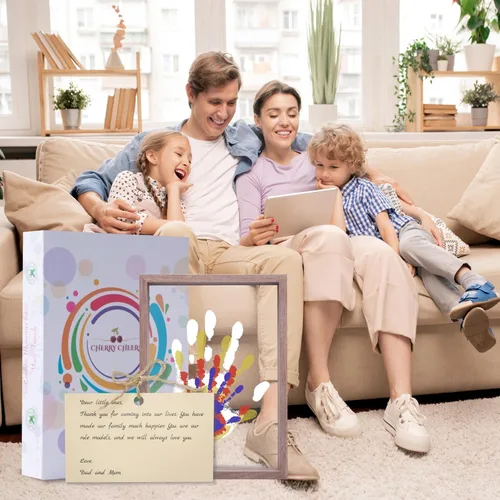 Miniatura 8 de CHERRY CHEERS Kit de huellas de manos familiares, marco de madera de recuerdo para manualidades, juego de regalo sin fin, pinturas no tóxicas, hojas