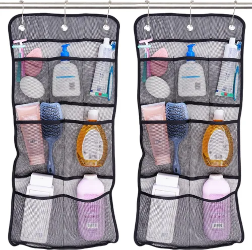 S&T INC. Organizador de ducha, organizador de ducha y organizador de baño, paquete de 2, color negro | Malla de secado rápido, 7 bolsillos para