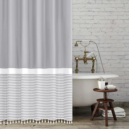 Miniatura 10 de Cortina de ducha gris Seasonwood Moderna de tela con borlas blancas, cortinas de ducha estilo casa de campo a rayas, impermeable, 72x72 pulgadas