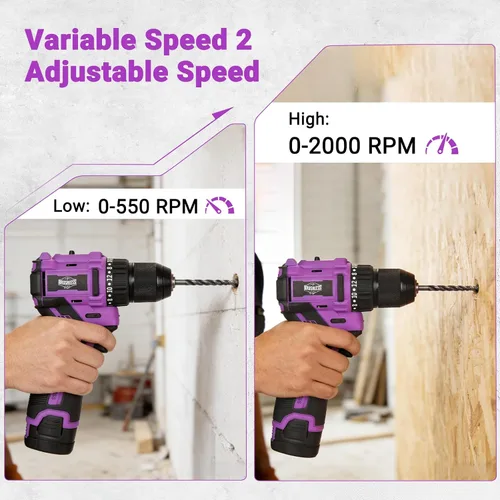 Miniatura 4 de Juego de taladro inalámbrico sin escobillas morado, kit de controlador compacto de 12 V con motor eléctrico, ajuste de par, 50 N.m, 2 velocidades
