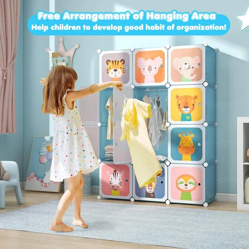 Miniatura 2 de Costzon Armario para Niños, Organizador de Almacenamiento Modular de Tocador de Dibujos Animados DIY con 12 Cubos y 2 Percheros para Colgar Ropa