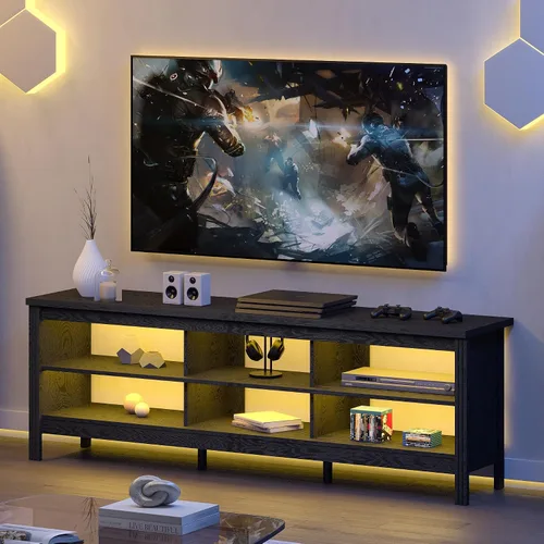 WAMPAT Soporte de TV LED para TV de 75 pulgadas con luz LED amarilla, centro de entretenimiento negro para mesa consola de TV de 80 pulgadas con 6
