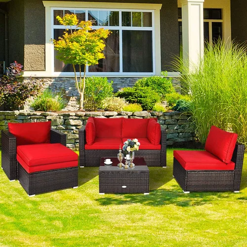 Miniatura 4 de HAPPYGRILL Juego de muebles de mimbre de ratán para exteriores, juego de sofá modular de mimbre con cojines suaves, mesa de café, otomana para patio