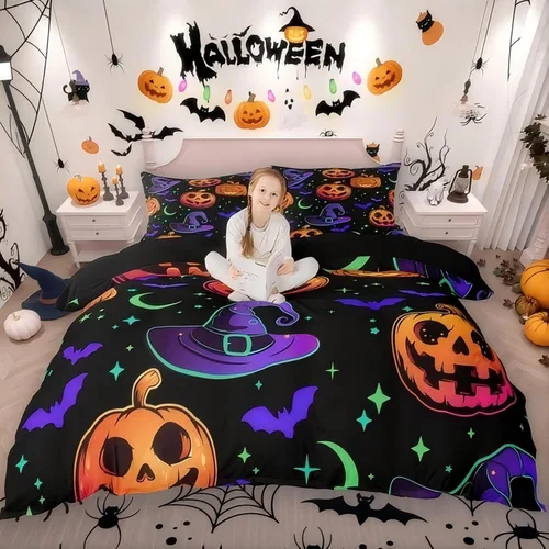 Miniatura 11 de Erosebridal Juego de ropa de cama de murciélago de Halloween, tamaño individual, con purpurina y estrellas, galaxia, funda de edredón para niños