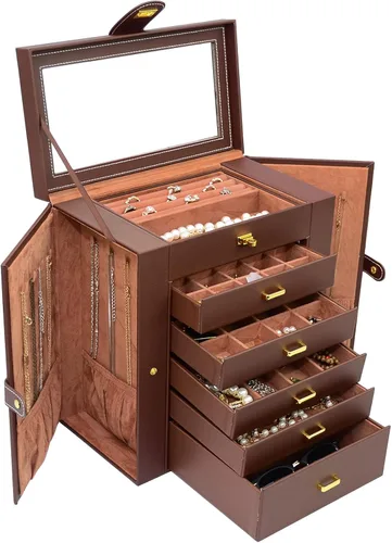 Miniatura 9 de AKOZLIN - Organizador de joyas grande de 6 niveles, con cerradura, funcional y enorme, con 5 cajones, de cuero, para mujeres y niñas, para anillos