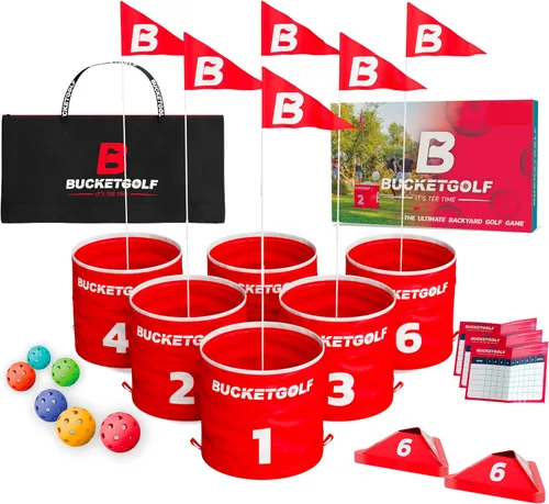 bucketgolf Game The Original Ultimate Backyard Lawn Golf Game para la familia, adultos y niños – Campo de golf portátil de 6 hoyos para jugar al