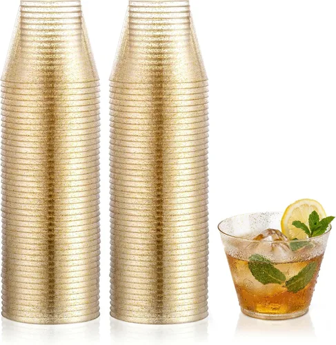 Miniatura 12 de Hioasis 200 Piezas Vasos Transparentes de 9 OZ - Vasos Desechables de Plástico con Borde Dorado, Resistentes y Sin BPA para Fiestas, Bodas
