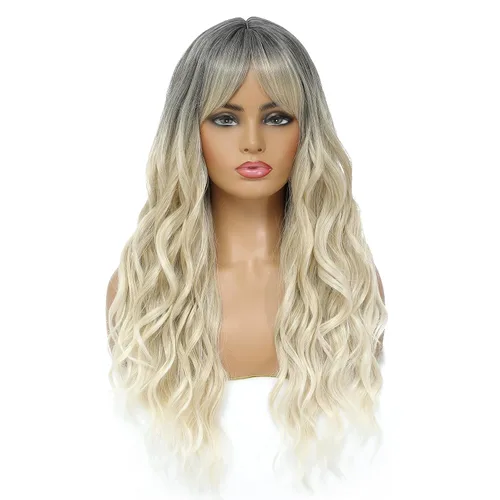 Miniatura 13 de SWACC Peluca larga y rizada ondulada con flequillo peluca de pelo sintético para mujeres con gorra de peluca (negro)