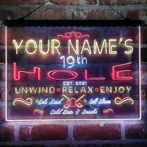 Miniatura 16 de Personalized 19th Hole Golf Club Tri-Color LED Neon Light Sign Customize Name Date Text Quote Font Green & Red & Yellow 13 x 8.7 Inches