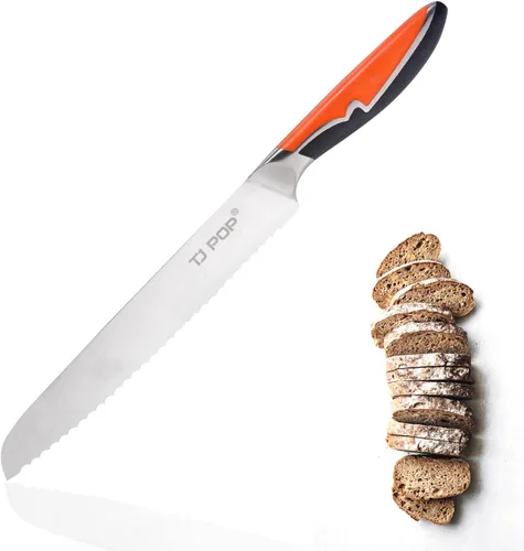 TJ POP Cuchillo de pan de 8 pulgadas, cuchillo dentado profesional, cortador de pan ultra afilado, diseño de espiga completa, hoja de acero alemán