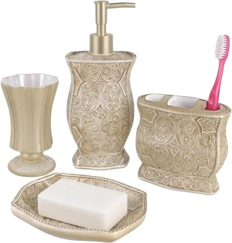 Creative Scents Victoria Beige - Juego de accesorios de baño beige – Juego de accesorios decorativos de baño – Juego de baño de 4 piezas