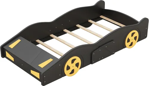Miniatura 5 de Cama de plataforma en forma de auto de carreras de tamaño individual con ruedas y almacenamiento, base de cama de plataforma de madera maciza