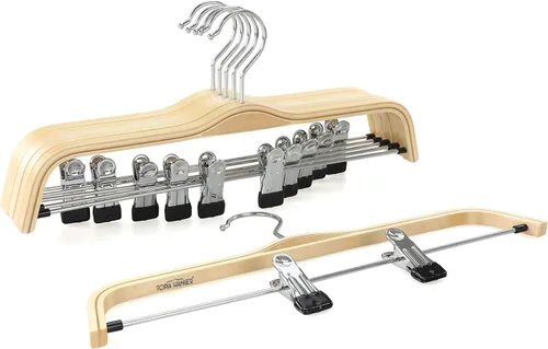 Miniatura 6 de Perchas de madera para pantalones TOPIA HANGER, perchas delgadas de madera natural para faldas con gancho antióxido y clips metálicos ajustables