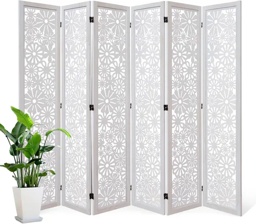 Miniatura 12 de Panel divisor de madera plegable, pantalla de privacidad tallada en margaritas de 67 pulgadas de alto, no requiere montaje, partición decorativa