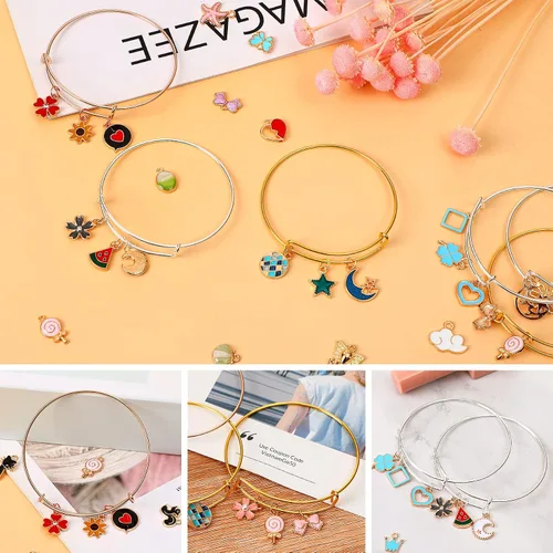 Miniatura 3 de UPINS 30 pulseras de plata expandibles en blanco, pulseras de alambre ajustables con 100 dijes de plata tibetana, 200 anillos abiertos para hacer