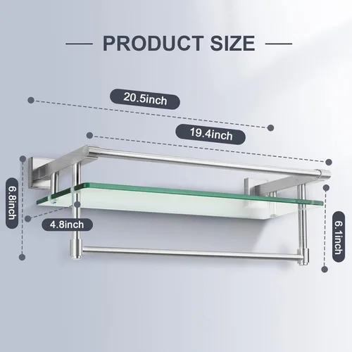 Miniatura 3 de Estante de baño de vidrio con barra para toallas, barra para toallas de acero inoxidable templado/estantes de baño de vidrio templado con riel