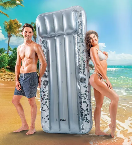 Miniatura 6 de POZA Colchón inflable gigante para piscina, tumbona grande y lujosa con confeti brillante, tapete de aire grueso de alta calidad, reposacabezas