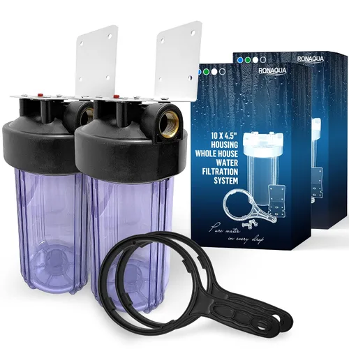 Miniatura 20 de Sistema purificador de filtro para toda la casa de 10 x 4.5 pulgadas de alta capacidad para agua de pozos o ciudades, botón de alivio de Azul