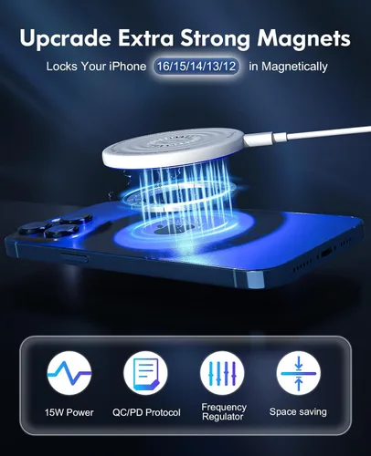 Miniatura 3 de Para cargador MagSafe: 2 paquetes de 15 W cargador inalámbrico magnético de carga rápida para iPhone 16 15 14 13 12 Series y AirPods 4-2 Pro, imán