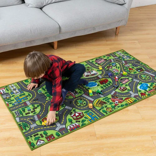 Miniatura 8 de JOYIN - Alfombras de juego para niños con juego de 12 vehículos de tracción trasera, alfombra duradera para niños, de simulación de ciudad