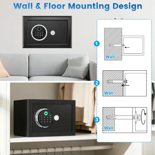 Miniatura 4 de Pequeña caja de seguridad biométrica inteligente para el hogar, mini caja fuerte para el hogar con alertas dobles antirrobo, modo silencioso