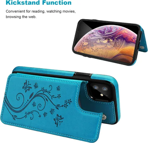 Miniatura 4 de Vaburs Funda compatible con iPhone 11 con tarjetero y diseño de mariposa en relieve, piel sintética de alta calidad, doble botones magnéticos, a Azul