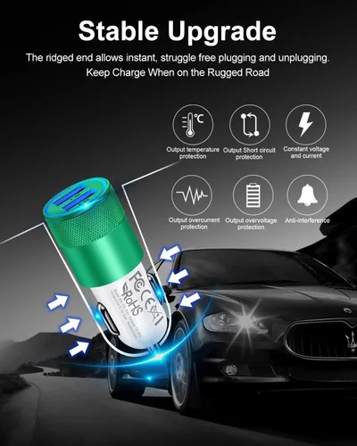 Miniatura 5 de Cargador de teléfono de coche de doble puerto, [2 unidades] Cargador USB de carga rápida de 3.4 A, adaptador de encendedor Carro, adaptador de Verde