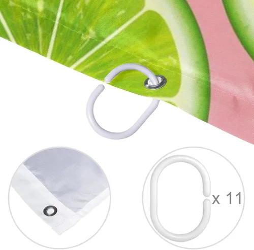 Miniatura 4 de KXO Cortina de ducha con diseño de lima fresca y verde con fondo rosa, impermeable, lavable, juego de cortinas de baño de poliéster con ganchos, 72