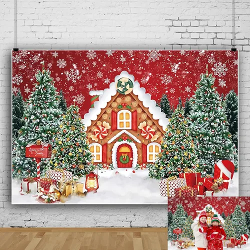 Telón de fondo de Navidad de pan de jengibre, 7 x 5 pies, fondo de fotos de casa de jengibre rojo para fotografía, nieve de invierno, árbol de